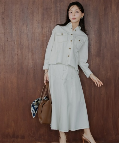 Petitjo(プッチージョ)の「小さいサイズ デニムフレアスカート(セットアップ対応・上下別売り) 低身長さん・小柄女性(スカート・レディース・ホワイト/インディゴブルー・PL/PM/PS/PSS)」の5枚目の写真