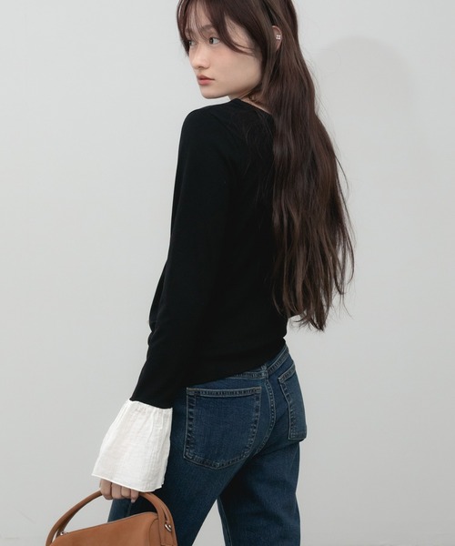 HEILIS(ヘイリス)の「袖口フリルヘンリーカットソー / レイヤード フリル袖 ヘンリーネック カットソー Tシャツ 長袖 Tシャツ コンパクト クロップド クルーネック 無地 ガーリー グッドガール カジュアル シンプル 韓国 オフィスカジュアル 春服 秋服 冬服 カジュアル シンプル トップス 黒 白 フレア(Tシャツ/カットソー・レディース・ブラック/グレー/オフホワイト・FREE)」の19枚目の写真