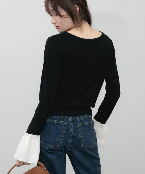 HEILIS(ヘイリス)の「袖口フリルヘンリーカットソー / レイヤード フリル袖 ヘンリーネック カットソー Tシャツ 長袖 Tシャツ コンパクト クロップド クルーネック 無地 ガーリー グッドガール カジュアル シンプル 韓国 オフィスカジュアル 春服 秋服 冬服 カジュアル シンプル トップス 黒 白 フレア(Tシャツ/カットソー・レディース・ブラック/グレー/オフホワイト・FREE)」の20枚目の写真