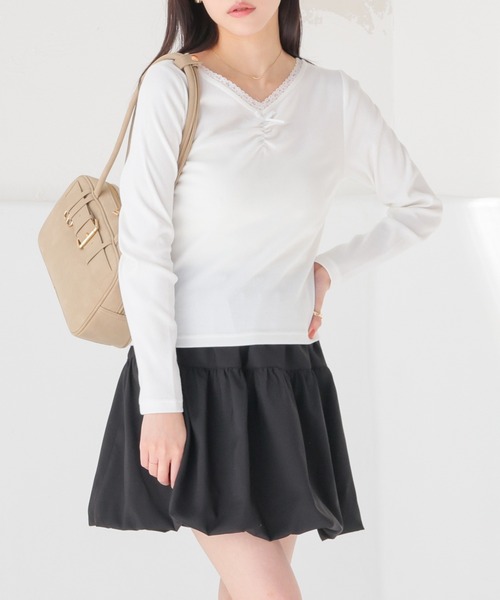 Honeys(ハニーズ)の「フロントギャザートップス(Tシャツ/カットソー・レディース・ヘザーチャコール/ピンク/ホワイト/ネイビー・L/M/S)」の7枚目の写真