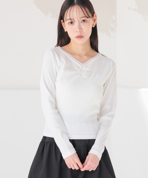 Honeys(ハニーズ)の「フロントギャザートップス(Tシャツ/カットソー・レディース・ヘザーチャコール/ピンク/ホワイト/ネイビー・L/M/S)」の9枚目の写真