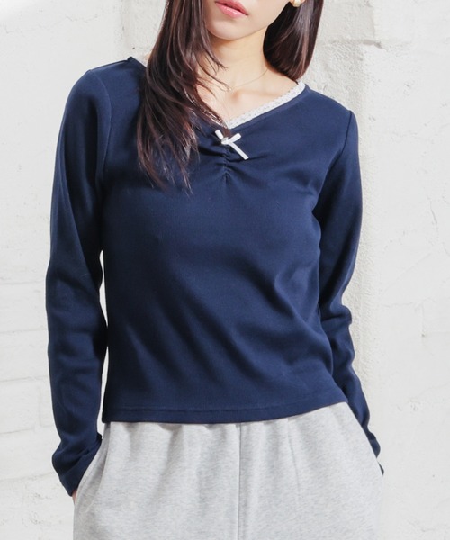 Honeys(ハニーズ)の「フロントギャザートップス(Tシャツ/カットソー・レディース・ヘザーチャコール/ピンク/ホワイト/ネイビー・L/M/S)」の14枚目の写真