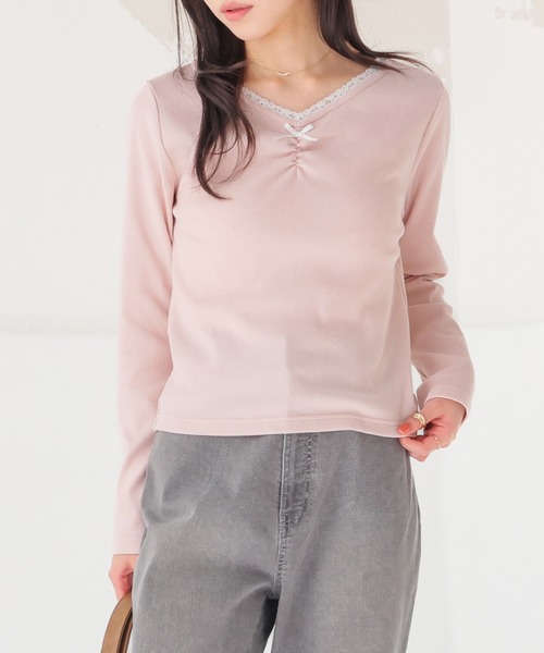 Honeys(ハニーズ)の「フロントギャザートップス(Tシャツ/カットソー・レディース・ヘザーチャコール/ピンク/ホワイト/ネイビー・L/M/S)」の16枚目の写真