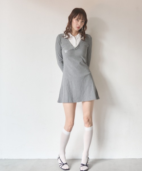 Nadana（ナダナ）の「シャツドッキングレイヤード風タイトミニワンピース（ワンピース・レディース・ブラック/グレー・FREE）」の3枚目の写真