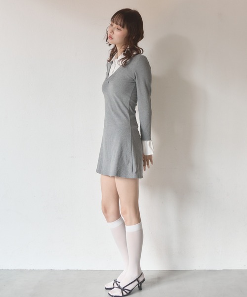 Nadana（ナダナ）の「シャツドッキングレイヤード風タイトミニワンピース（ワンピース・レディース・ブラック/グレー・FREE）」の4枚目の写真
