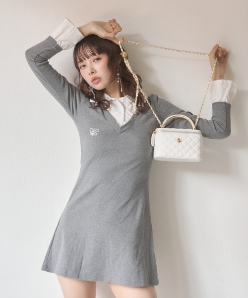 Nadana（ナダナ）の「シャツドッキングレイヤード風タイトミニワンピース（ワンピース・レディース・ブラック/グレー・FREE）」の9枚目の写真