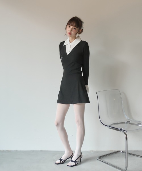 Nadana（ナダナ）の「シャツドッキングレイヤード風タイトミニワンピース（ワンピース・レディース・ブラック/グレー・FREE）」の10枚目の写真