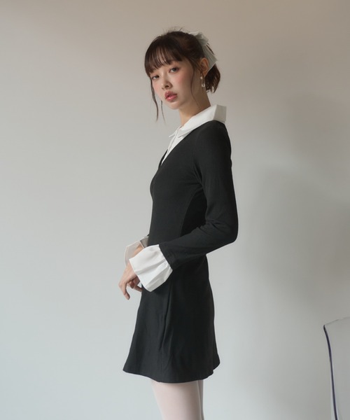 Nadana（ナダナ）の「シャツドッキングレイヤード風タイトミニワンピース（ワンピース・レディース・ブラック/グレー・FREE）」の13枚目の写真