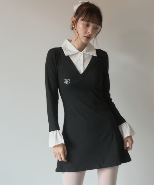 Nadana（ナダナ）の「シャツドッキングレイヤード風タイトミニワンピース（ワンピース・レディース・ブラック/グレー・FREE）」の12枚目の写真