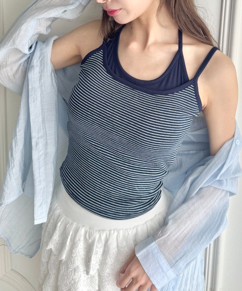 Loueme（ルエム）の「フェイクレイヤードボーダーキャミソール（キャミソール・レディース・ブラック/ネイビー/ピンク/ホワイト/グレー・FREE）」の4枚目の写真