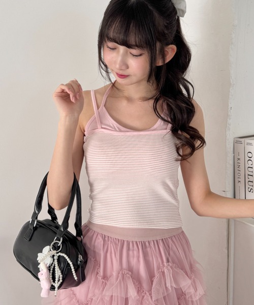 Loueme（ルエム）の「フェイクレイヤードボーダーキャミソール（キャミソール・レディース・ブラック/ネイビー/ピンク/ホワイト/グレー・FREE）」の5枚目の写真