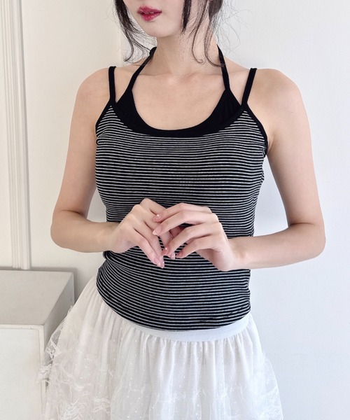 Loueme（ルエム）の「フェイクレイヤードボーダーキャミソール（キャミソール・レディース・ブラック/ネイビー/ピンク/ホワイト/グレー・FREE）」の6枚目の写真