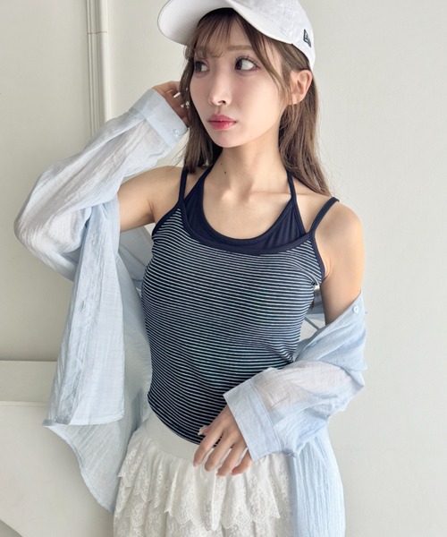 Loueme（ルエム）の「フェイクレイヤードボーダーキャミソール（キャミソール・レディース・ブラック/ネイビー/ピンク/ホワイト/グレー・FREE）」の16枚目の写真
