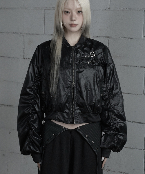 セール】Chest Belt Tipstop Shirring Crop Jacket (Black)（ナイロン