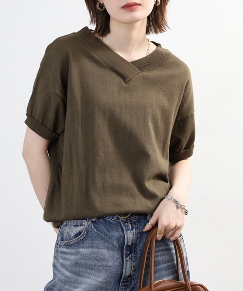 FUNALIVE(ファンアライブ)の「Vネック ドルマン 綿ニット プルオーバー 半袖(Tシャツ/カットソー・レディース・ネイビー/カーキ/グレイッシュベージュ/ブラック/ホワイト/ライトグレー/杢グレー・M~L/LL~3L)」の7枚目の写真