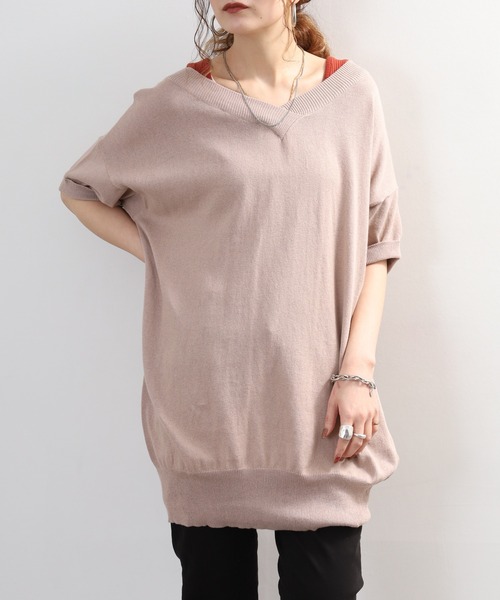 FUNALIVE(ファンアライブ)の「Vネック ドルマン 綿ニット プルオーバー 半袖(Tシャツ/カットソー・レディース・ネイビー/カーキ/グレイッシュベージュ/ブラック/ホワイト/ライトグレー/杢グレー・M~L/LL~3L)」の6枚目の写真