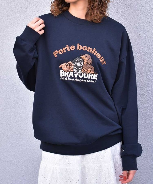 Bleu Bleuet（ブルーブルーエ）の「イヌネコ刺繍スウェット（スウェット・レディース・ブルー/アイボリー/キナリ/ピンク・M）」の4枚目の写真