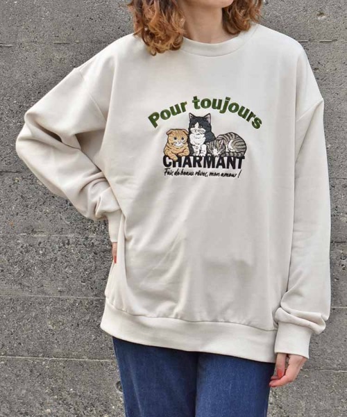 Bleu Bleuet（ブルーブルーエ）の「イヌネコ刺繍スウェット（スウェット・レディース・ブルー/アイボリー/キナリ/ピンク・M）」の2枚目の写真