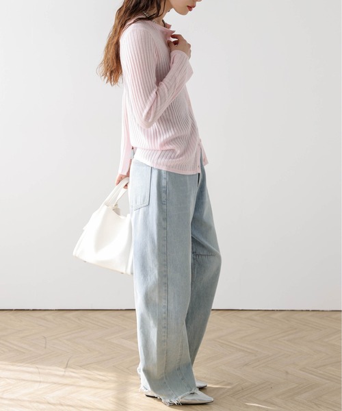 AMELY(エミリー)の「シアーリブニットカーディガン(カーディガン/ボレロ・レディース・グレイッシュベージュ/ブラック/杢グレー/ピンク/ホワイト/モカ/イエロー・フリー)」の8枚目の写真