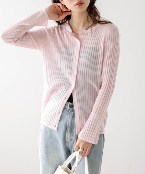 AMELY(エミリー)の「シアーリブニットカーディガン(カーディガン/ボレロ・レディース・グレイッシュベージュ/ブラック/杢グレー/ピンク/ホワイト/モカ/イエロー・フリー)」の9枚目の写真