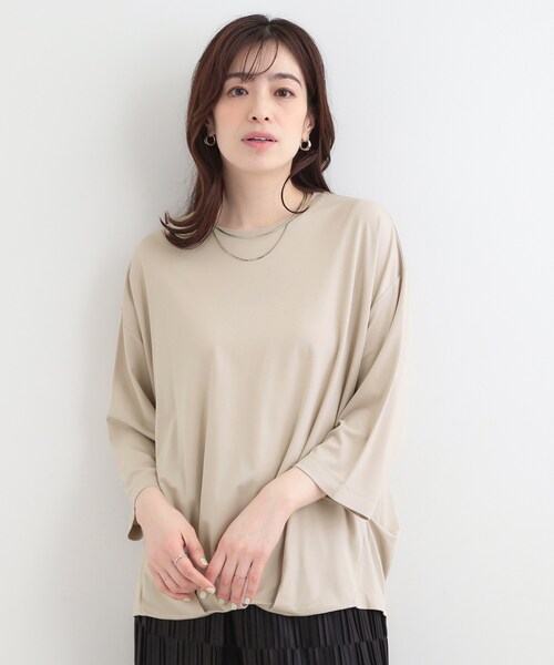 SHOO・LA・RUE(シューラルー)の「【ひんやり/UV/体型カバー】とろみフロントタック7分袖ゆるトップス(Tシャツ/カットソー・レディース・ライトグリーン/ライトベージュ/ブラック/ホワイト系5・00)」の13枚目の写真