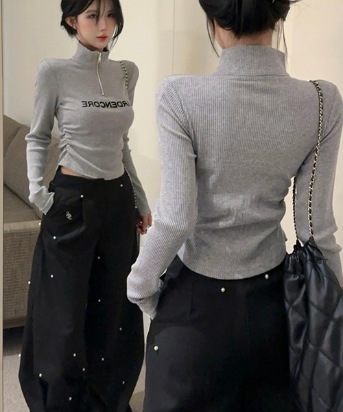Songe(ソンジュ)の「ハーフジップアップスタンドカラートップス(Tシャツ/カットソー・レディース・グレー/ブラック/ホワイト・FREE)」の8枚目の写真