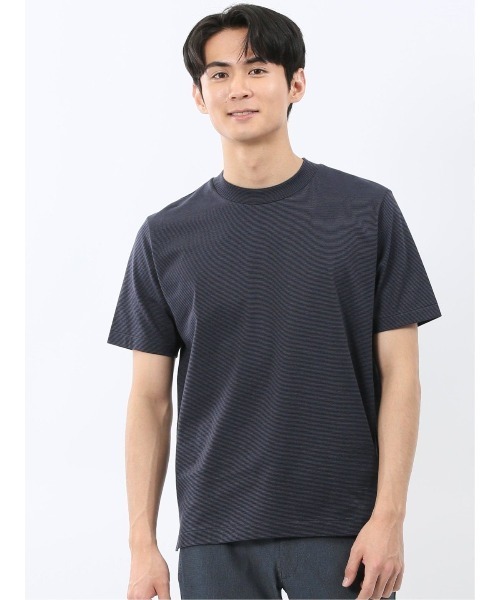 m.f.editorial(エムエフエディトリアル)の「Tシャツ メンズ 半袖 ストレッチ 接触冷感 抗菌防臭 UV 綿 コットン ボーダー シルケット スムス クルーネック ドレスT(Tシャツ/カットソー・メンズ・ライトグレー/ネイビー・MEDIUM/LARGE/X-LARGE)」の2枚目の写真