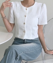 Feliz（フェリス）の「ツイード風タックスリーブ半袖ジャケット（ノーカラージャケット）」