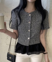 Feliz（フェリス）の「ツイード風タックスリーブ半袖ジャケット（ノーカラージャケット）」