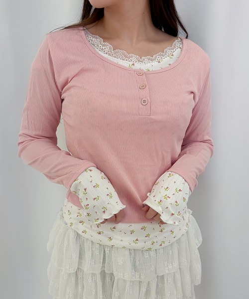 frunco(フランコ)の「【ZOZOTOWN限定】フェイクレイヤード花柄レースヘンリーネックT(Tシャツ/カットソー・レディース・ホワイト/ピンク/アイボリー・FREE)」の3枚目の写真