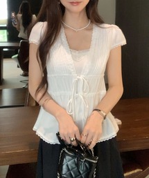 フレンチテイスト Vネック リボンデザインTシャツ 半袖 レディース 華奢見え きれいめトップス