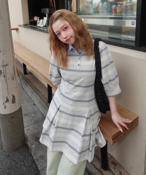 loin nuit(ロワンニュイ)の「striped polo onepiece / ストライプポロワンピース(ワンピース・レディース・ブルー/グレー/レッド・FREE)」の4枚目の写真