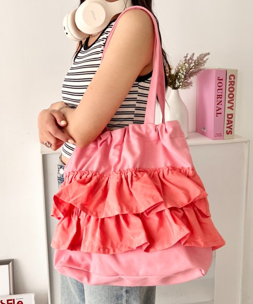 wears(ウェアーズ)の「【A4収納可】2wayフリルトートバッグ(トートバッグ・レディース・ピンク/ブラック/ホワイト/グリーン・FREE)」の4枚目の写真