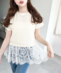 裾フリルレースぽこぽこカットソー半袖Tシャツ