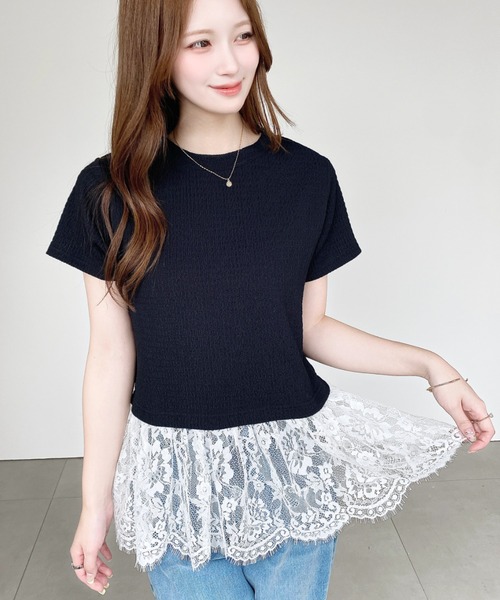 moment+(モーメントプラス)の「裾フリルレースぽこぽこカットソー半袖Tシャツ(Tシャツ/カットソー・レディース・ブラック/ネイビー/オフホワイト/ナチュラル・L/M)」の4枚目の写真