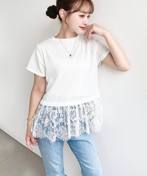 moment+(モーメントプラス)の「裾フリルレースぽこぽこカットソー半袖Tシャツ(Tシャツ/カットソー・レディース・ブラック/ネイビー/オフホワイト/ナチュラル・L/M)」の1枚目の写真