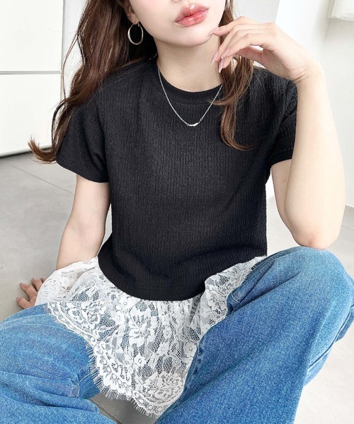 moment+(モーメントプラス)の「裾フリルレースぽこぽこカットソー半袖Tシャツ(Tシャツ/カットソー・レディース・ブラック/ネイビー/オフホワイト/ナチュラル・L/M)」の2枚目の写真