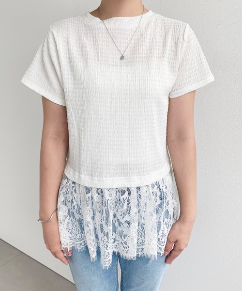 moment+(モーメントプラス)の「裾フリルレースぽこぽこカットソー半袖Tシャツ(Tシャツ/カットソー・レディース・ブラック/ネイビー/オフホワイト/ナチュラル・L/M)」の5枚目の写真