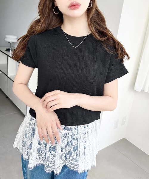 moment+(モーメントプラス)の「裾フリルレースぽこぽこカットソー半袖Tシャツ(Tシャツ/カットソー・レディース・ブラック/ネイビー/オフホワイト/ナチュラル・L/M)」の12枚目の写真