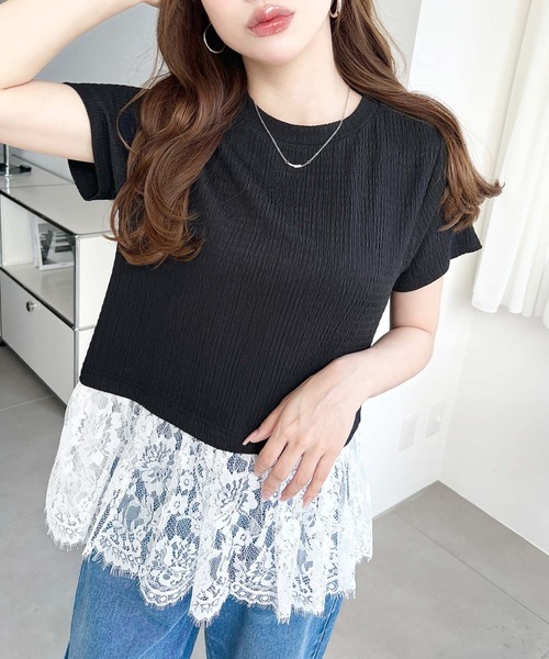 moment+(モーメントプラス)の「裾フリルレースぽこぽこカットソー半袖Tシャツ(Tシャツ/カットソー・レディース・ブラック/ネイビー/オフホワイト/ナチュラル・L/M)」の10枚目の写真