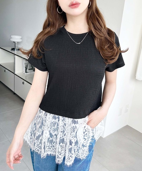 moment+(モーメントプラス)の「裾フリルレースぽこぽこカットソー半袖Tシャツ(Tシャツ/カットソー・レディース・ブラック/ネイビー/オフホワイト/ナチュラル・L/M)」の14枚目の写真