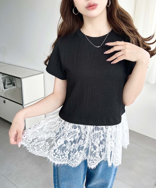 moment+(モーメントプラス)の「裾フリルレースぽこぽこカットソー半袖Tシャツ(Tシャツ/カットソー・レディース・ブラック/ネイビー/オフホワイト/ナチュラル・L/M)」の13枚目の写真