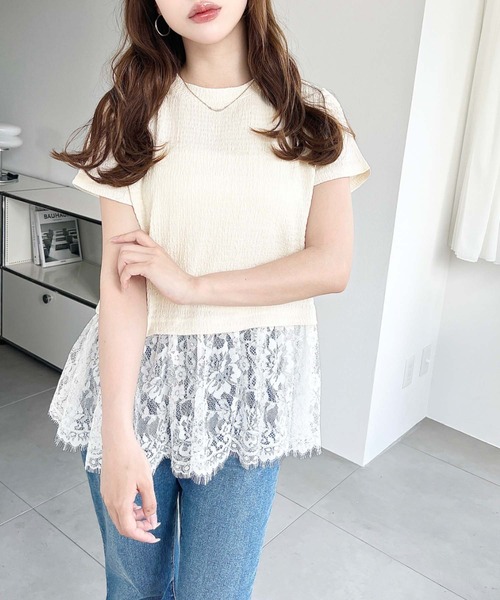 moment+(モーメントプラス)の「裾フリルレースぽこぽこカットソー半袖Tシャツ(Tシャツ/カットソー・レディース・ブラック/ネイビー/オフホワイト/ナチュラル・L/M)」の15枚目の写真