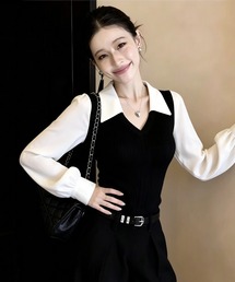白黒切り替えフェイクレイヤードニットシャツ