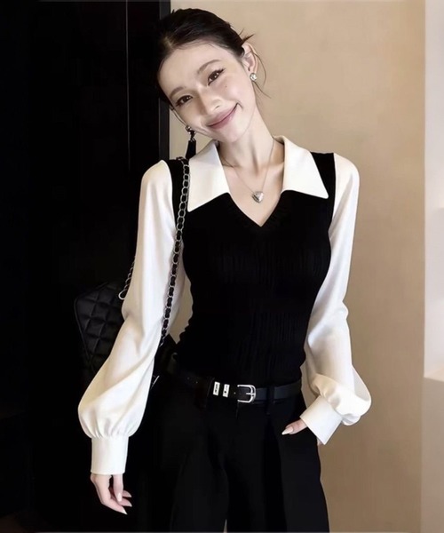 AsheKsha(アシクシャ)の「白黒切り替えフェイクレイヤードニットシャツ(シャツ/ブラウス・レディース・ブラック・M)」の2枚目の写真