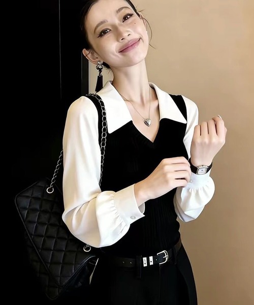 AsheKsha(アシクシャ)の「白黒切り替えフェイクレイヤードニットシャツ(シャツ/ブラウス・レディース・ブラック・M)」の4枚目の写真