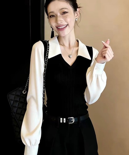AsheKsha(アシクシャ)の「白黒切り替えフェイクレイヤードニットシャツ(シャツ/ブラウス・レディース・ブラック・M)」の5枚目の写真