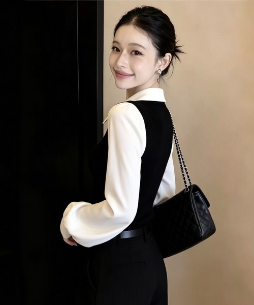 AsheKsha(アシクシャ)の「白黒切り替えフェイクレイヤードニットシャツ(シャツ/ブラウス・レディース・ブラック・M)」の6枚目の写真