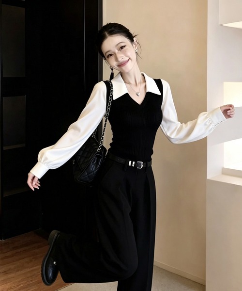 AsheKsha(アシクシャ)の「白黒切り替えフェイクレイヤードニットシャツ(シャツ/ブラウス・レディース・ブラック・M)」の7枚目の写真