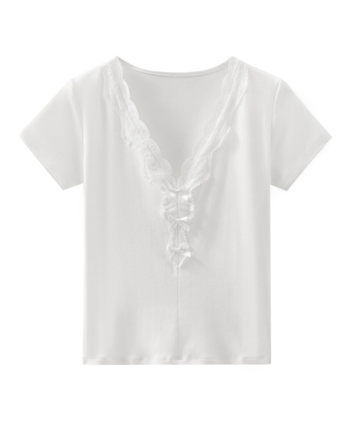 &soiree(アンドソワレ)の「Vネックレースレイヤードリボン付きトップス(Tシャツ/カットソー・レディース・ブラック/チャコールグレー/ホワイト・SMALL/LARGE/MEDIUM)」の2枚目の写真